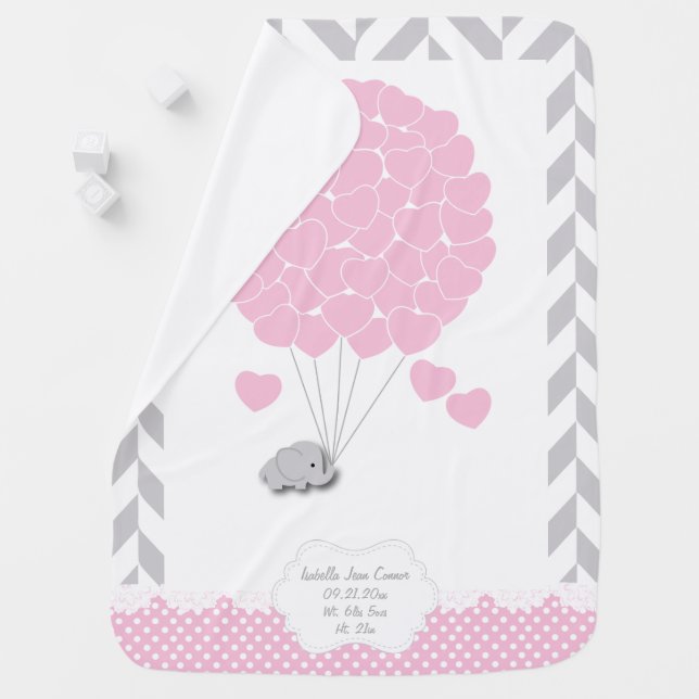 Pink, White Gray Elephant Baby Girl 2 Stroller Blanket (In Situ)