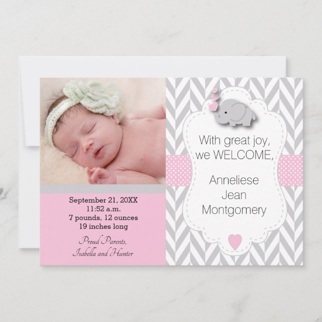 Pink, White, Gray Elephant 🐘 Baby Photo Announcement (Front)