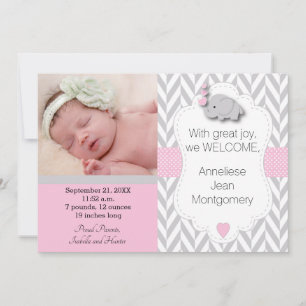 Pink, White, Gray Elephant 🐘 Baby Photo Announcement