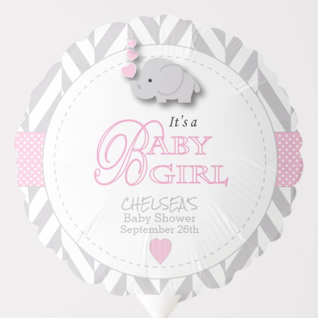 Pink, White Gray Elephant Baby Shower Balloon (Front)