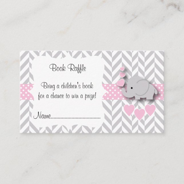 Pink, White Gray Elephant Baby Shower Book Raffle Enclosure Card (Front)
