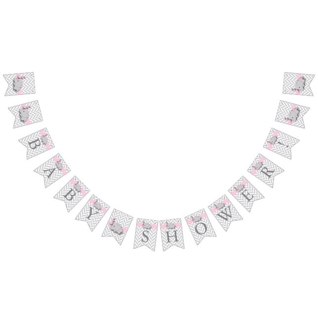 Pink, White Gray Elephant Baby Shower Bunting Flags (All)