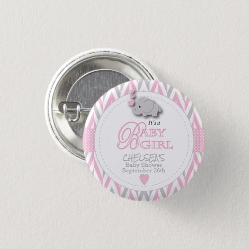Pink White Gray Elephant Baby Shower Button