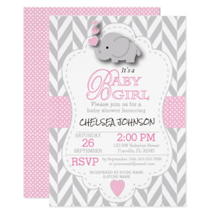 Pink, White Gray Elephant Baby Shower Card