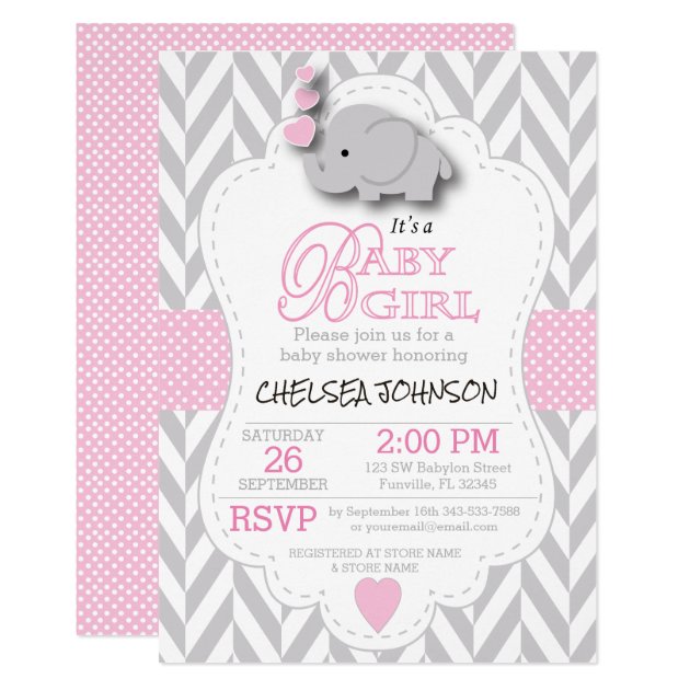 Pink, White Gray Elephant Baby Shower Invitation
