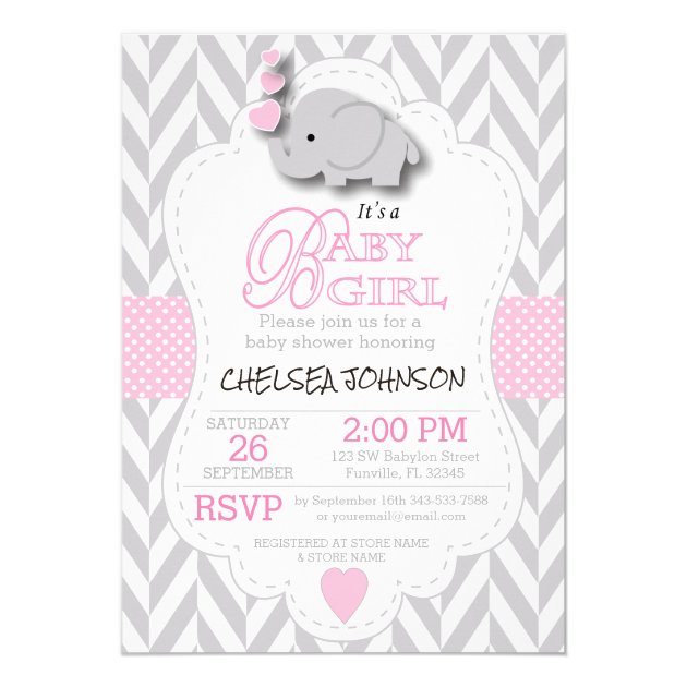 Pink, White Gray Elephant Baby Shower Invitation