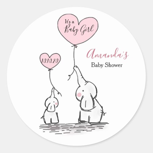 Pink White Gray Elephant Baby Shower Classic Round Sticker