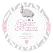 Pink, White Gray Elephant Baby Shower Classic Round Sticker