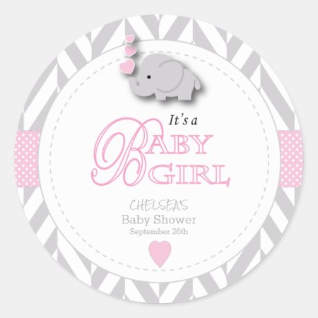 Pink, White Gray Elephant Baby Shower Classic Round Sticker