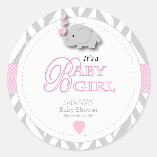 Pink, White Gray Elephant Baby Shower Classic Round Sticker (Front)