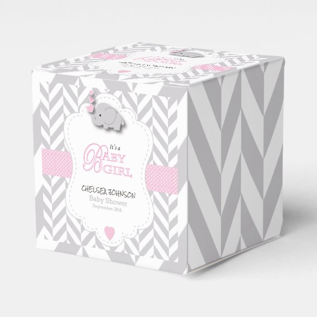 Pink, White Gray Elephant Baby Shower Favor Boxes (Front Side)