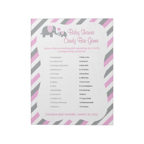 Pink White  Gray Elephant Baby Shower _ Game 2 Notepad