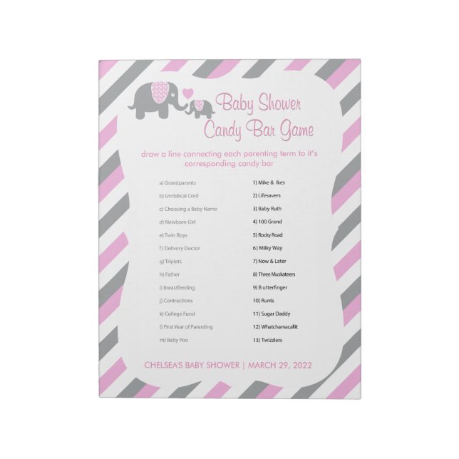 Pink, White & Gray Elephant Baby Shower - Game 2 Notepad (Rotated)