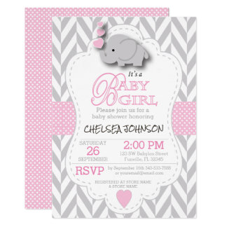 Pink, White Gray Elephant Baby Shower Invitation
