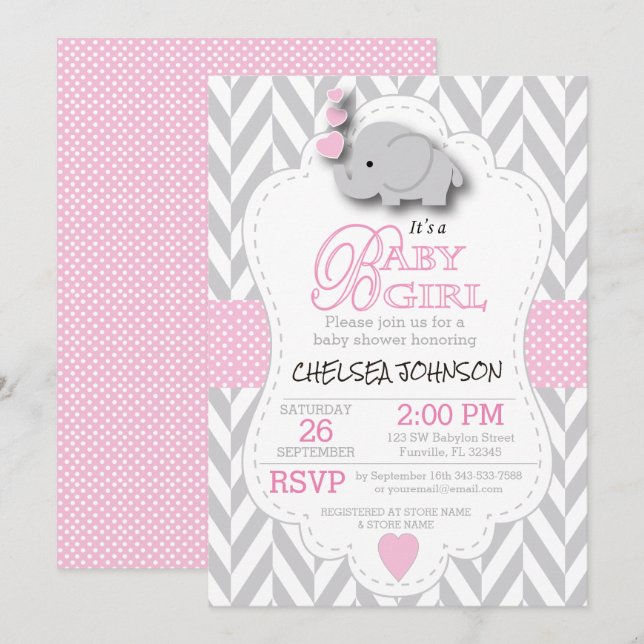 Pink, White Gray Elephant 🐘 Baby Shower Invitation (Front/Back)