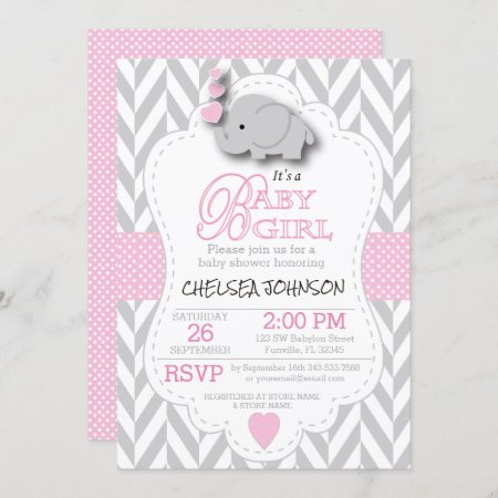 Pink, White Gray Elephant 🐘 Baby Shower Invitation