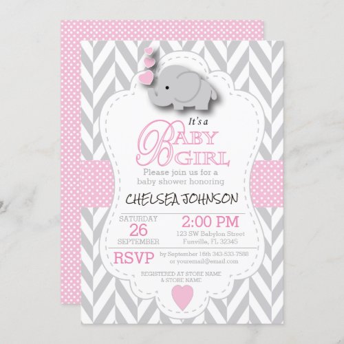 Pink White Gray Elephant  Baby Shower Invitation