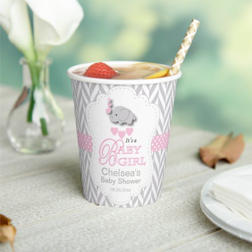 Pink White Gray Elephant Baby Shower  Paper Cups