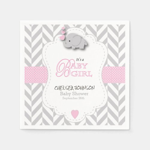 Pink White Gray Elephant Baby Shower Paper Napkins