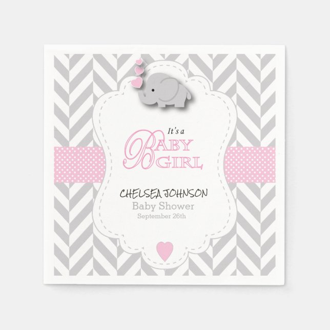 Pink, White Gray Elephant Baby Shower Paper Napkins (Front)