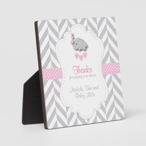 Pink White Gray Elephant Baby Shower Plaque