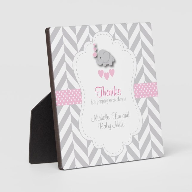 Pink, White Gray Elephant Baby Shower Plaque (Front)