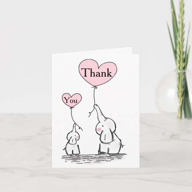 Pink, White Gray Elephant Baby Shower Thank You Card (Front)