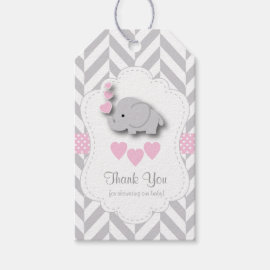 Pink, White Gray Elephant Baby Shower Thank You Gift Tags