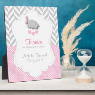 Pink, White Gray Elephant Baby Shower Thank You Plaque
