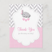 Pink, White Gray Elephant Baby Shower Thank You Postcard