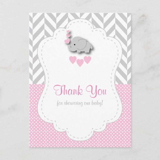 Pink, White Gray Elephant Baby Shower Thank You Postcard (Front)