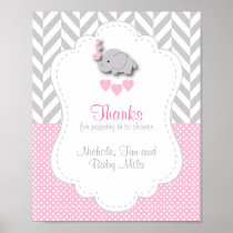 Pink, White Gray Elephant Baby Shower Thank You Poster