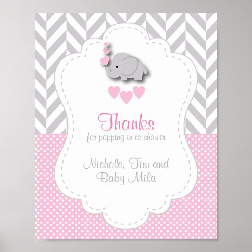 Pink White Gray Elephant Baby Shower Thank You Poster