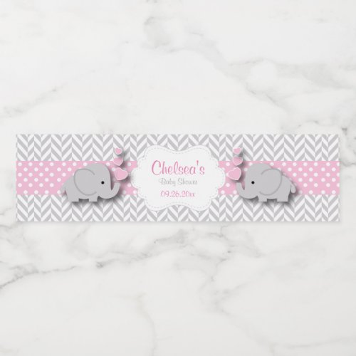 Pink White Gray Elephant Baby Shower Water Bottle Label