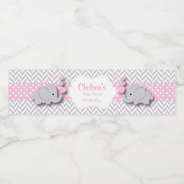 Pink, White Gray Elephant Baby Shower Water Bottle Label (Single Label)