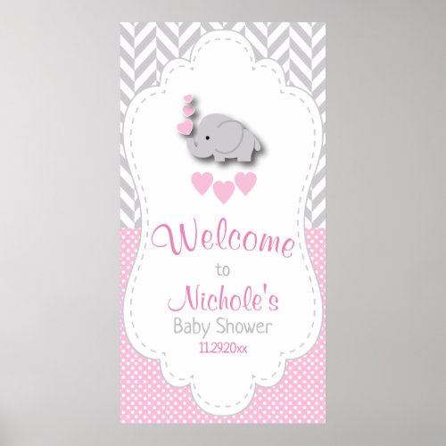 Pink White Gray Elephant Baby Shower Welcome 2 Poster