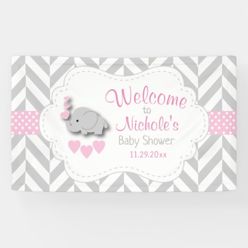 Pink White Gray Elephant Baby Shower Welcome Banner