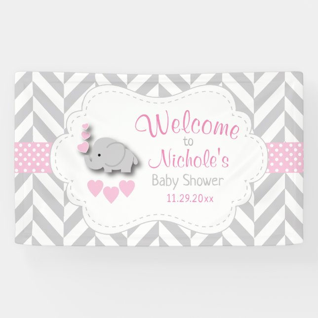 Pink, White Gray Elephant Baby Shower Welcome Banner (Horizontal)