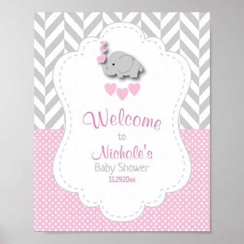 Pink White Gray Elephant Baby Shower Welcome Poster