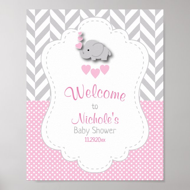 Pink, White Gray Elephant Baby Shower Welcome Poster (Front)