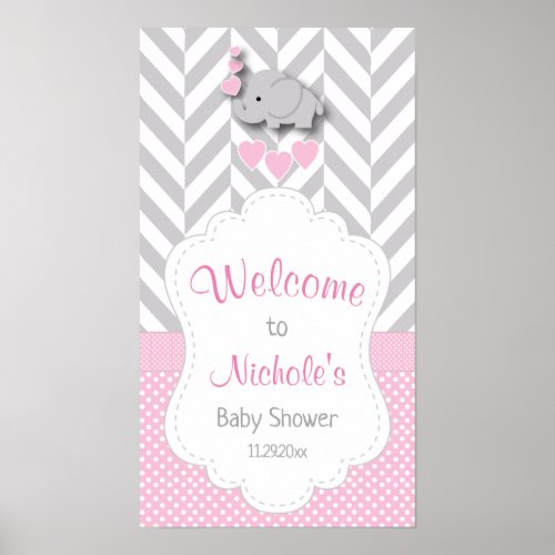 Pink White  Gray Elephant Baby Shower Welcome Poster