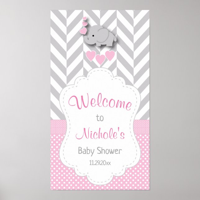 Pink, White & Gray Elephant Baby Shower Welcome Poster (Front)