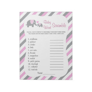 Pink, White & Gray Elephant Baby Shower Word Game Notepad