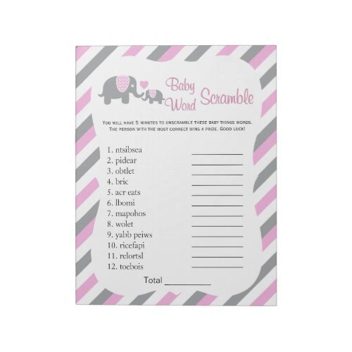 Pink White  Gray Elephant Baby Shower Word Game Notepad