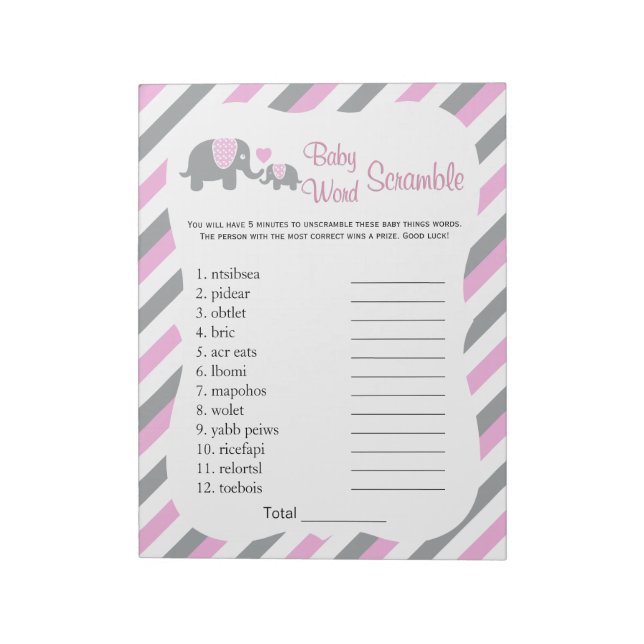Pink, White & Gray Elephant Baby Shower Word Game Notepad (Rotated)