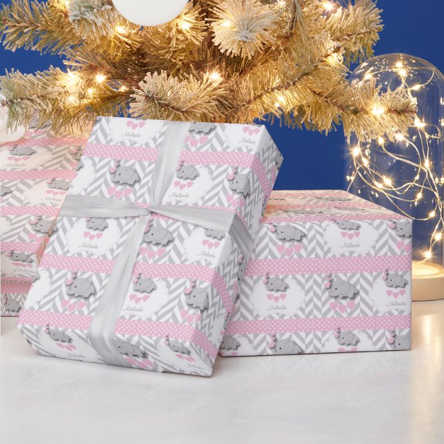 Pink, White Gray Elephant Baby Shower Wrapping Paper (Holidays)