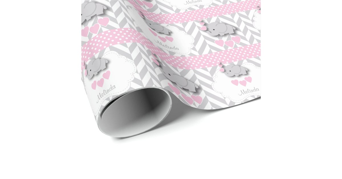 Pink White Gray Elephant Baby Shower Wrapping Paper