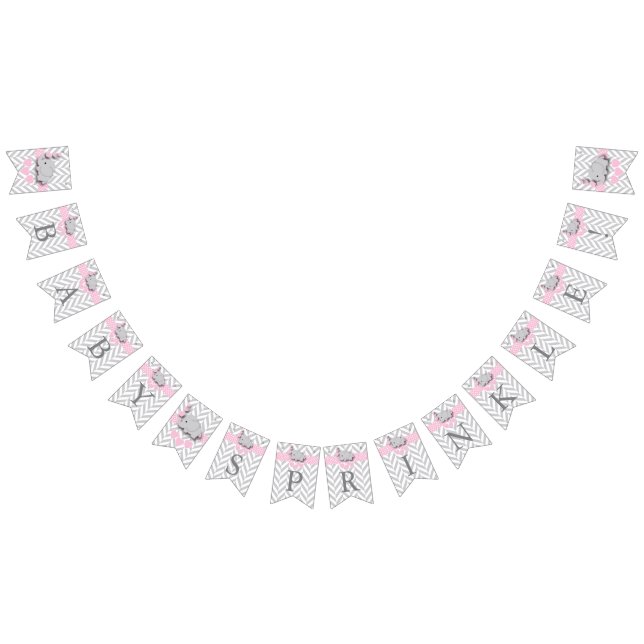 Pink, White Gray Elephant Baby Sprinkle Bunting Flags (All)