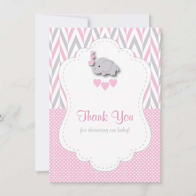 Pink, White Gray Elephant Thank You 2 Card (Front)