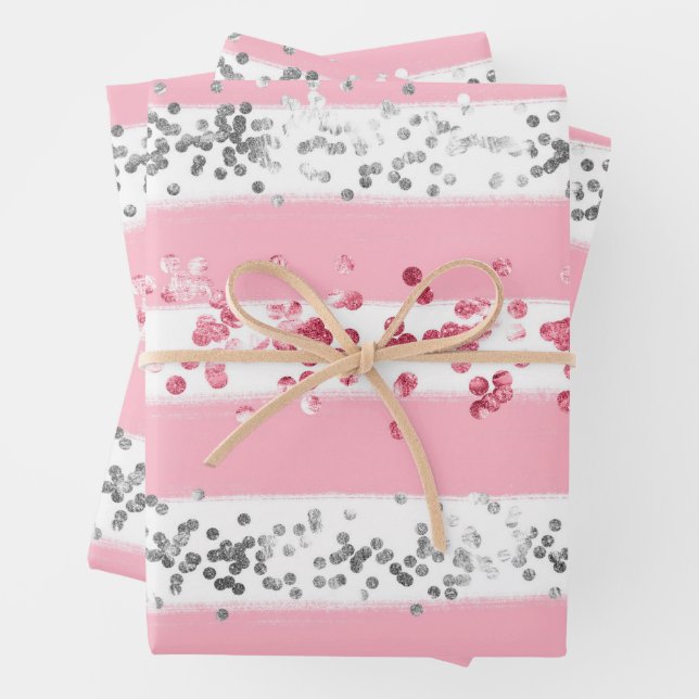  Pink White Gray Glitter Birthday Baby Shower Wrapping Paper Sheets (In situ)